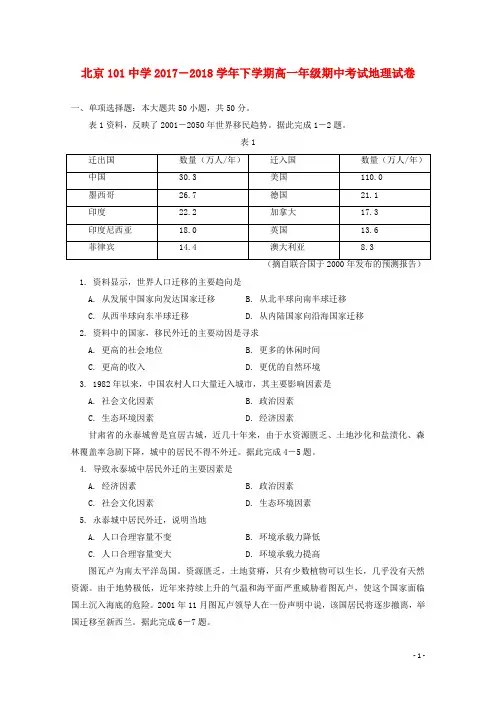 北京市101中学高一地理下学期期中试题