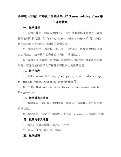 译林版(三起)六年级下册英语Unit7Summerholidayplans第1课时教案