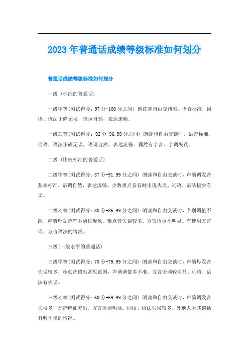 2023年普通话成绩等级标准如何划分