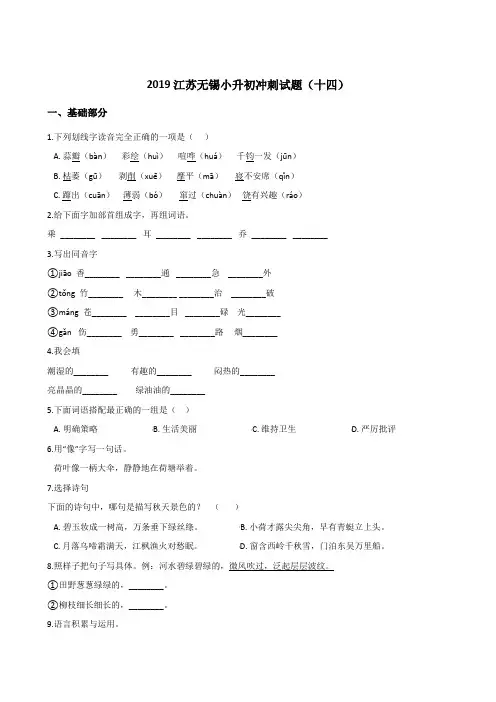 六年级下册语文试题--2019江苏无锡小升初冲刺试题(十四) 苏教版  含答案