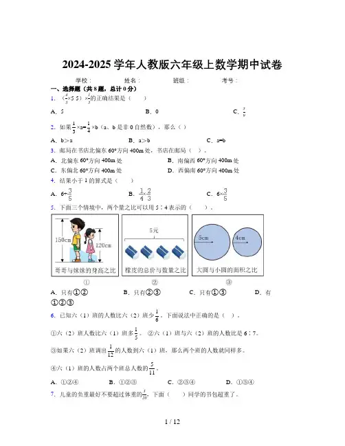小学数学六年级上册期中易错题重难点试卷含详细答案解析1676