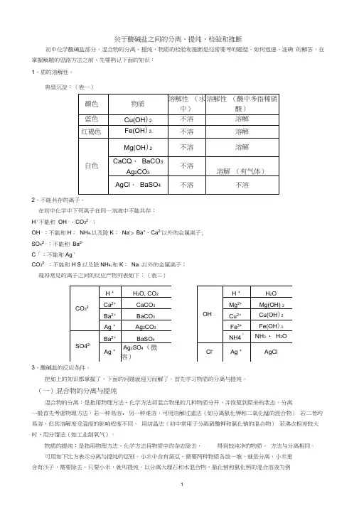 关于酸碱盐之间的分离、提纯、检验和推断
