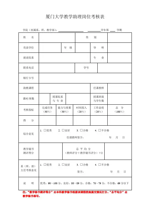 厦门大学教学助理岗位考核表