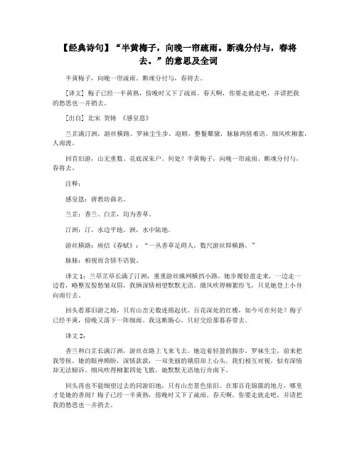 【经典诗句】“半黄梅子,向晚一帘疏雨。断魂分付与,春将去。”的意思及全词