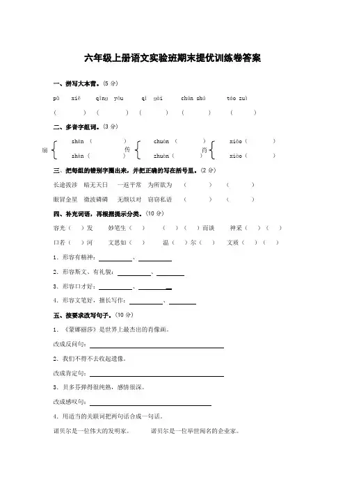 语文六年级上册实验班提优训练答案