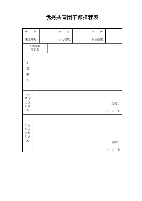 五四表彰优秀团干推荐表格式