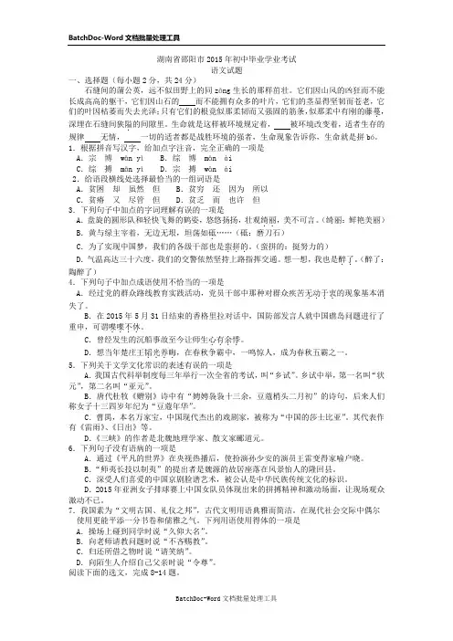 湖南省邵阳市2015年中考语文试题(word版含答案)