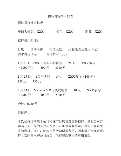 招待费特批审批表