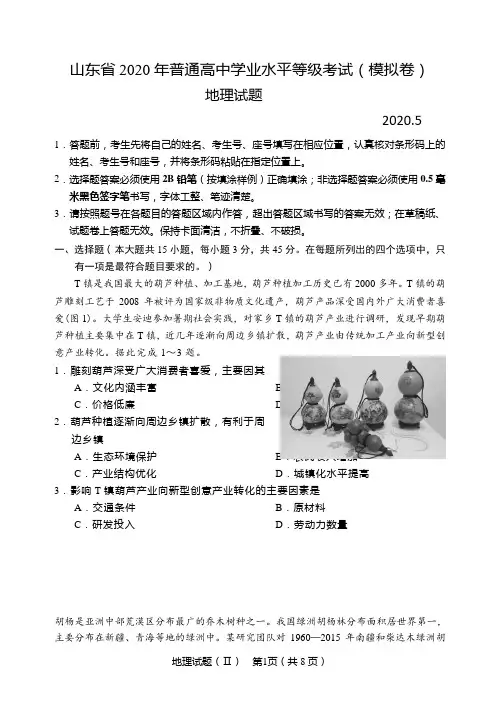 山东省2020年普通高中学业水平等级考试(模拟卷)地理试题2020.5(含标准答案)