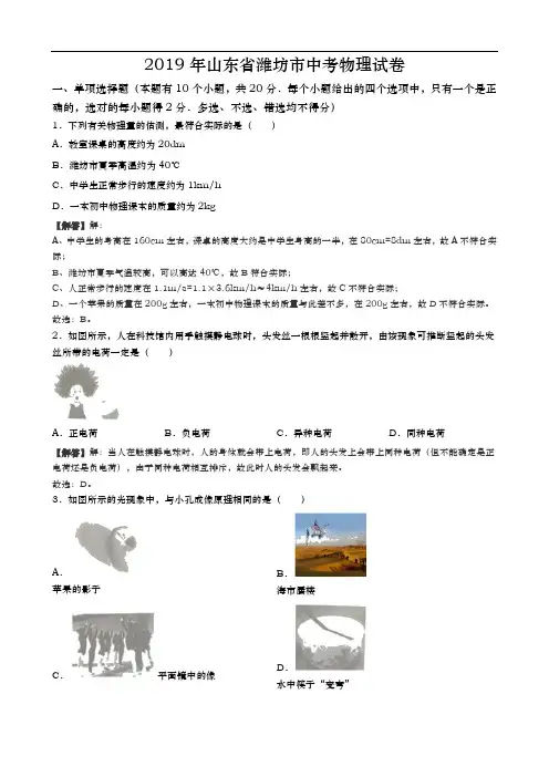 2019年山东省潍坊市中考物理试题及参考答案