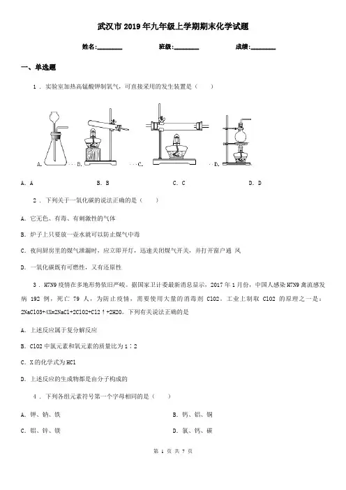 武汉市2019年九年级上学期期末化学试题