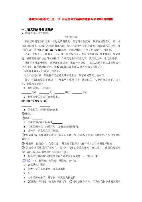 部编六年级语文上册：10 宇宙生命之谜阅读理解专项训练(含答案)