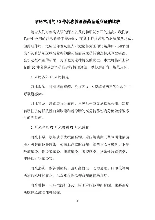 临床常用的30种名称易混淆药品适应证的比较