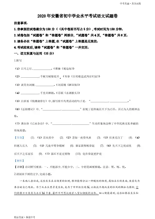 安徽2020年【语文真题】初中学业水平考试试题(教师版)高清