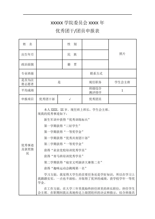 优秀团干团员申报表模板