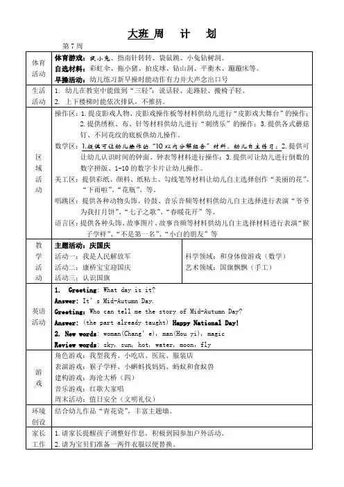 幼儿园大班班级周计划第七周
