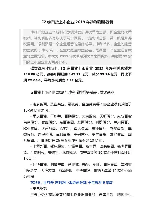 52家百货上市企业2019年净利润排行榜