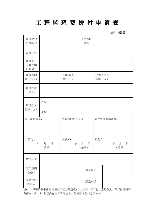 工程监理费拨付申请表汇总