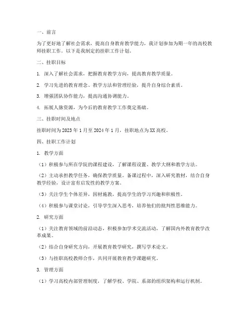 高校教师挂职工作计划