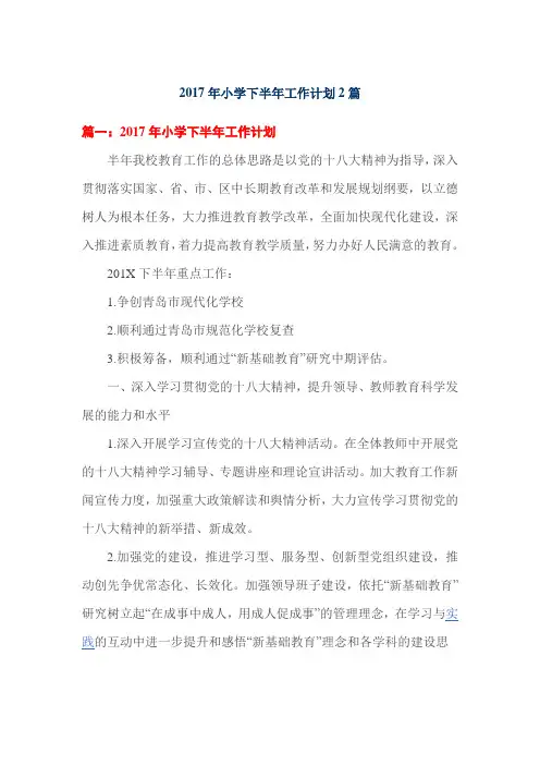 2017年小学下半年工作计划2篇