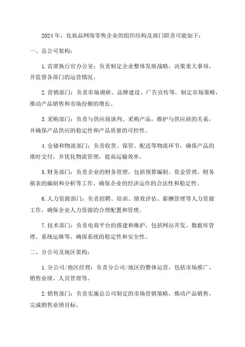 2024年化妆品网络零售企业组织结构及部门职责