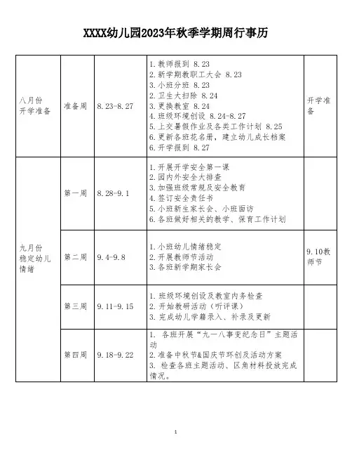 幼儿园2023年秋季学期每周行事历