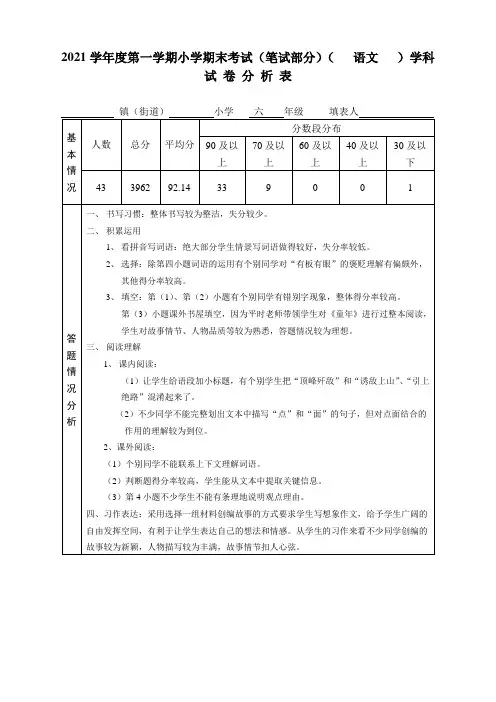 2021学年第一学期六年级语文期末试卷分析表
