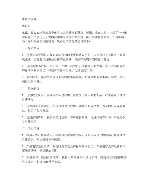 领导廉洁检讨书范文模板