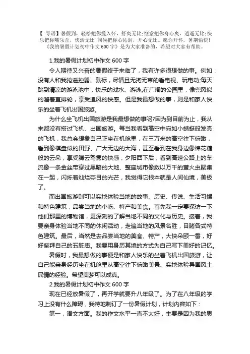 我的暑假计划初中作文600字10篇