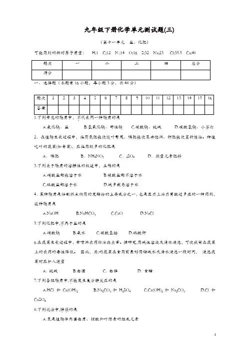新人教版九年级化学下册：第11单元  盐、化肥 单元测试题及答案【精品】