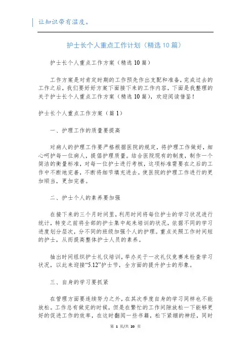 护士长个人重点工作计划(精选10篇)