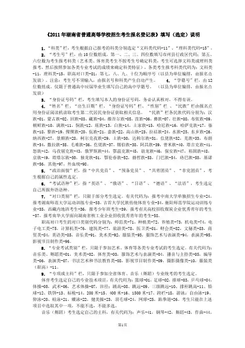 2011年湖南省普通高等学校招生考生报名登记表