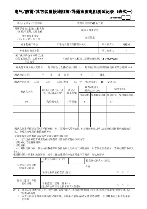 电气、防雷、其它装置接地阻抗导通直流电阻测试记录
