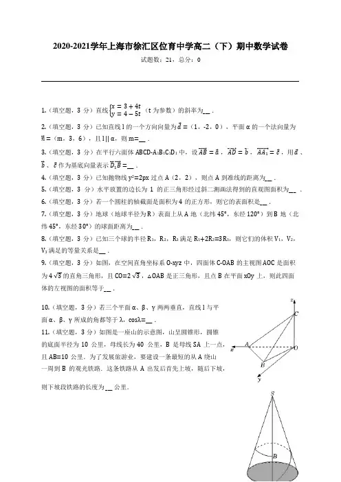 2020-2021学年上海市徐汇区位育中学高二(下)期中数学试卷