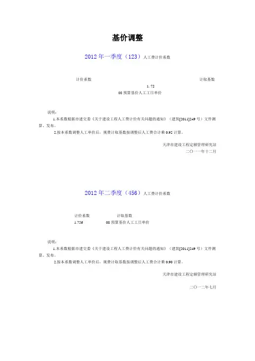 2012年人工及规费系数调整
