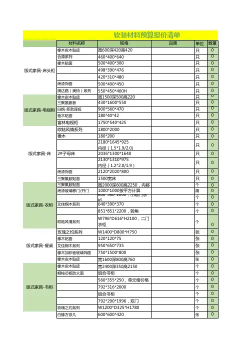 家庭装修软装材料预算报价清单EXCEl模板