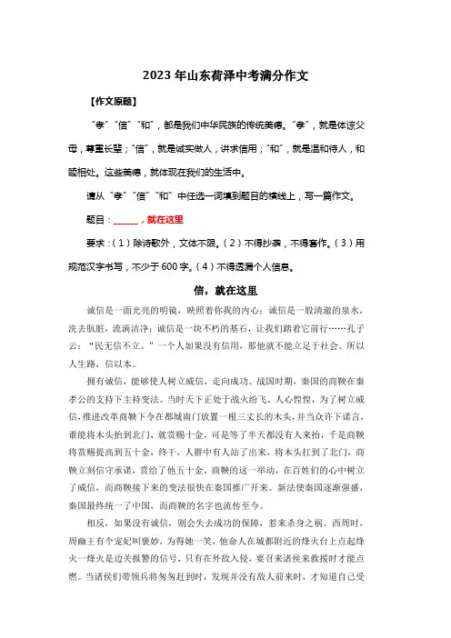 2023年山东荷泽中考满分作文《信,就在这里》