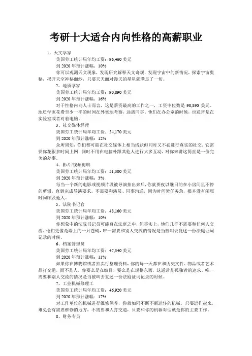 考研十大适合内向性格的高薪职业