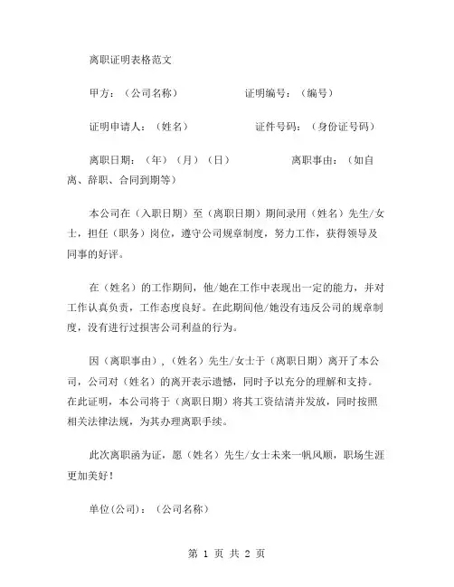 离职证明表格范文
