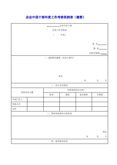 企业中层干部年度工作考核范例表(摘要)