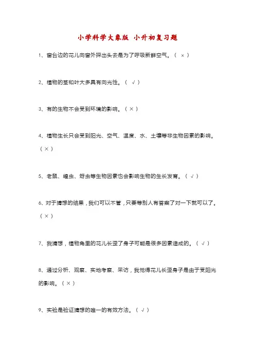 大象版小学科学 小升初复习题-附答案