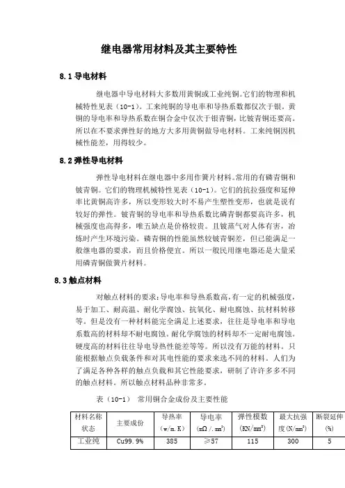 继电器常用材料及其主要特性