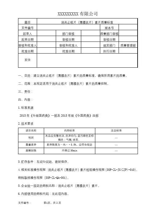 消炎止咳片(薄膜衣片)素片质量标准