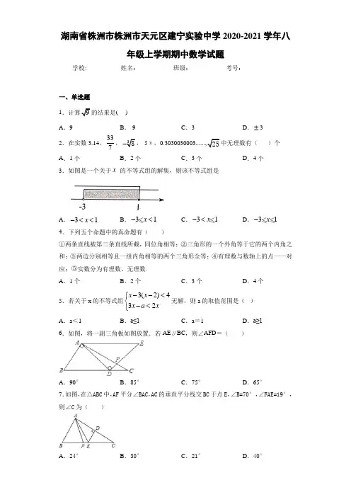 湖南省株洲市株洲市天元区建宁实验中学2020-2021学年八年级上学期期中数学试题