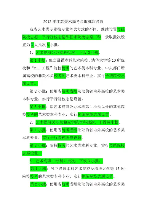 2012年江苏美术高考录取批次设置