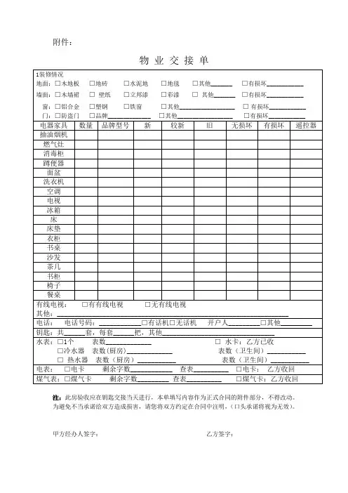 出租房屋物品交接单-合同附件1