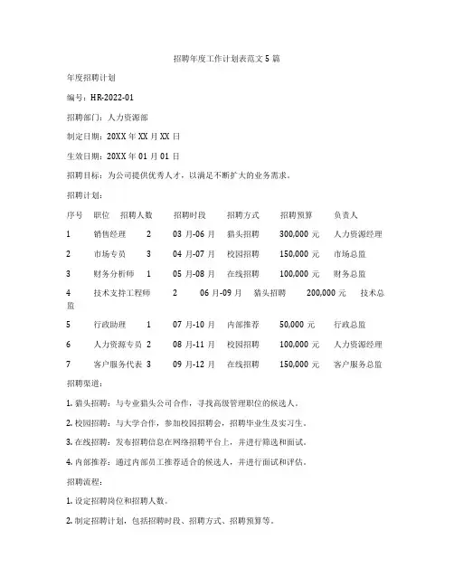 招聘年度工作计划表范文5篇