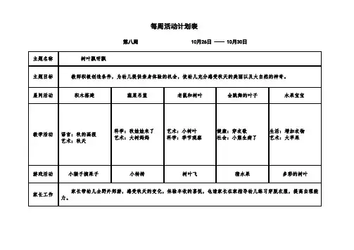 小班上学期第八周周计划表