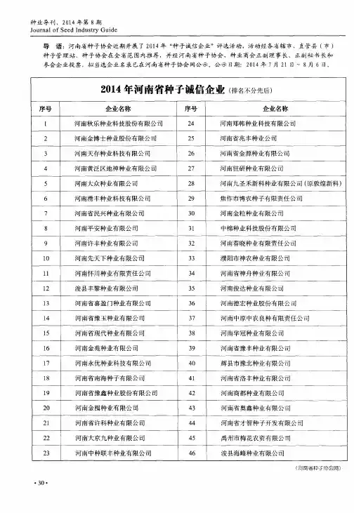 2014年河南省种子诚信企业(排名不分先后)