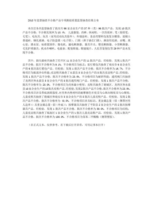 2018年监督抽查不合格产品专项跟踪质量监督抽查结果公布